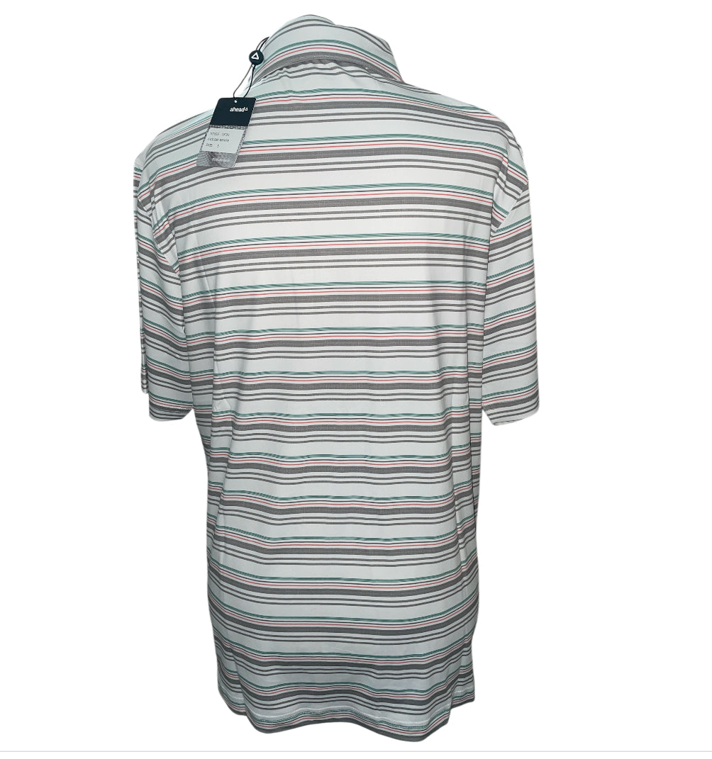 Ahead golf polo shirt in a white and multi-colored stripe pattern (small)