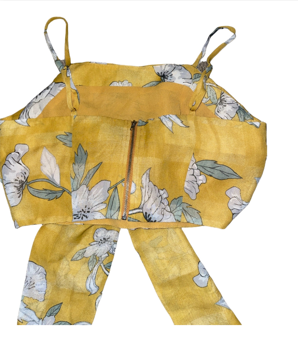 Chriselle x J.O.A. Quince Yellow Floral Tie Crop Top (Small)