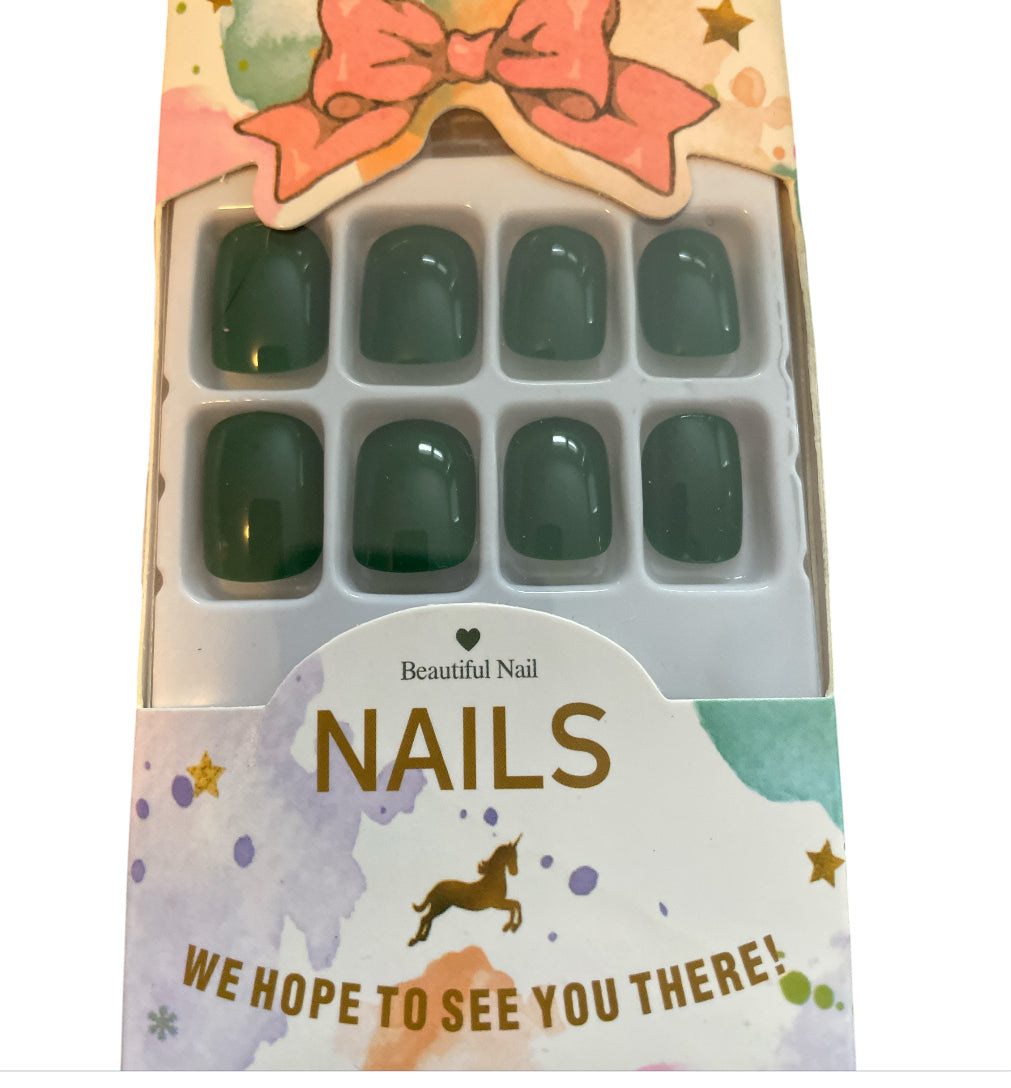 Green Short Press on Glue on Nails
