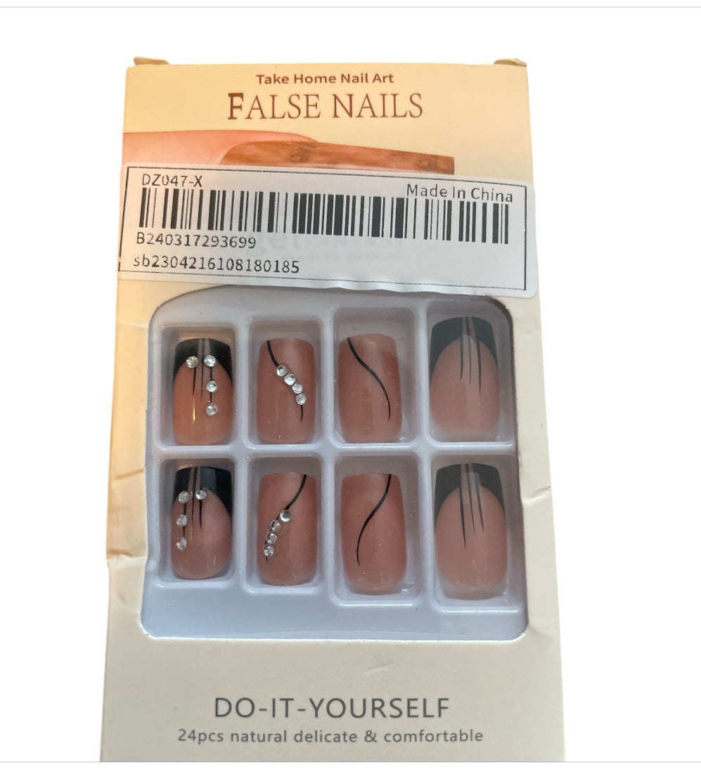 Semi-Sheer Nude Rhinestones Long Square French Style Nails