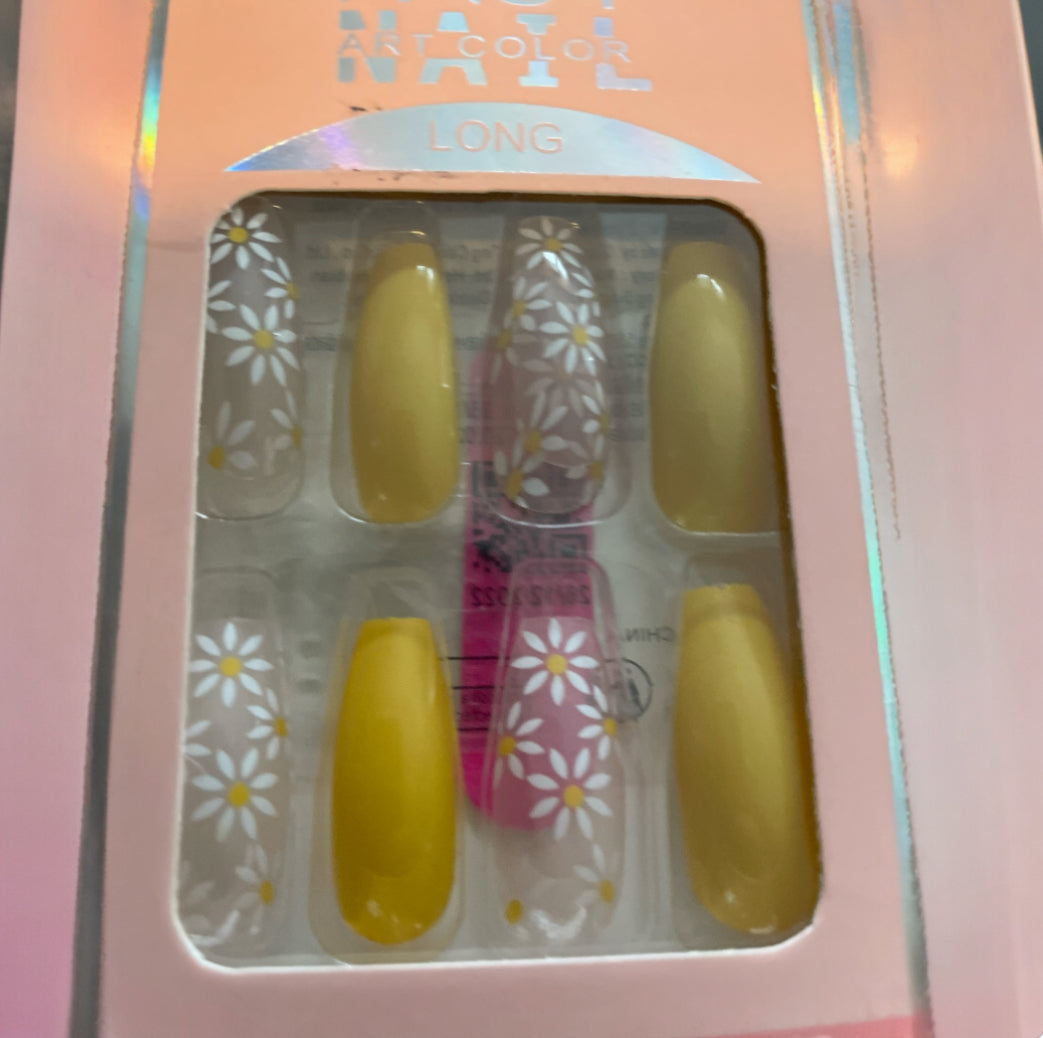 Yellow and Daisy Long Press on Nails