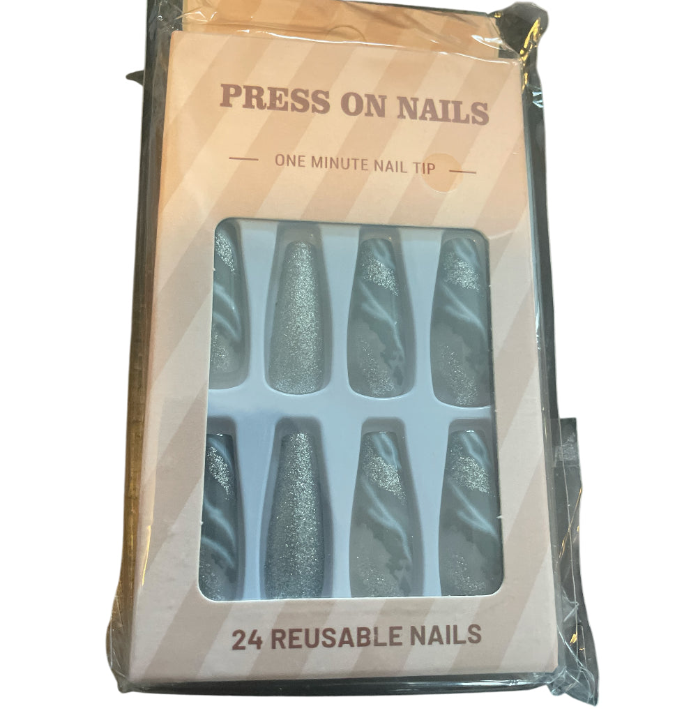 White Smudged Silver Glitter Long Coffin Fake Nail