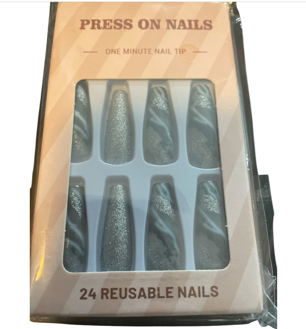 White Smudged Silver Glitter Long Coffin Fake Nail