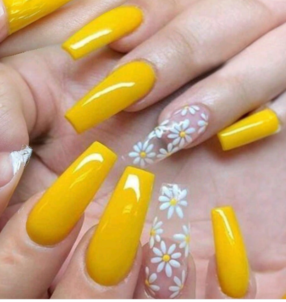 Yellow and Daisy Long Press on Nails
