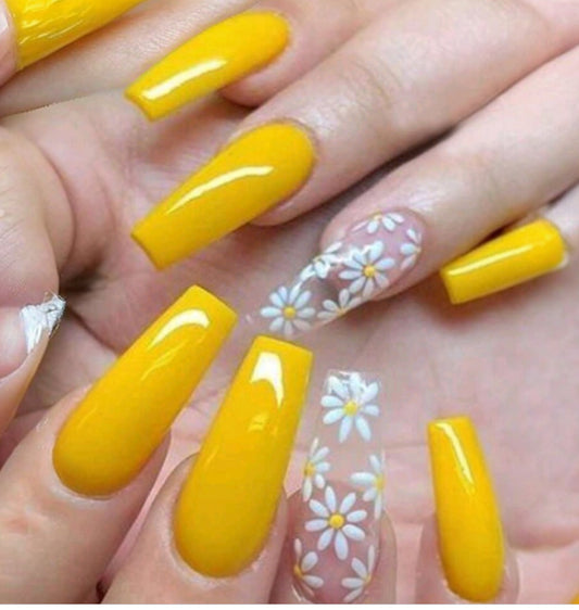 Yellow and Daisy Long Press on Nails