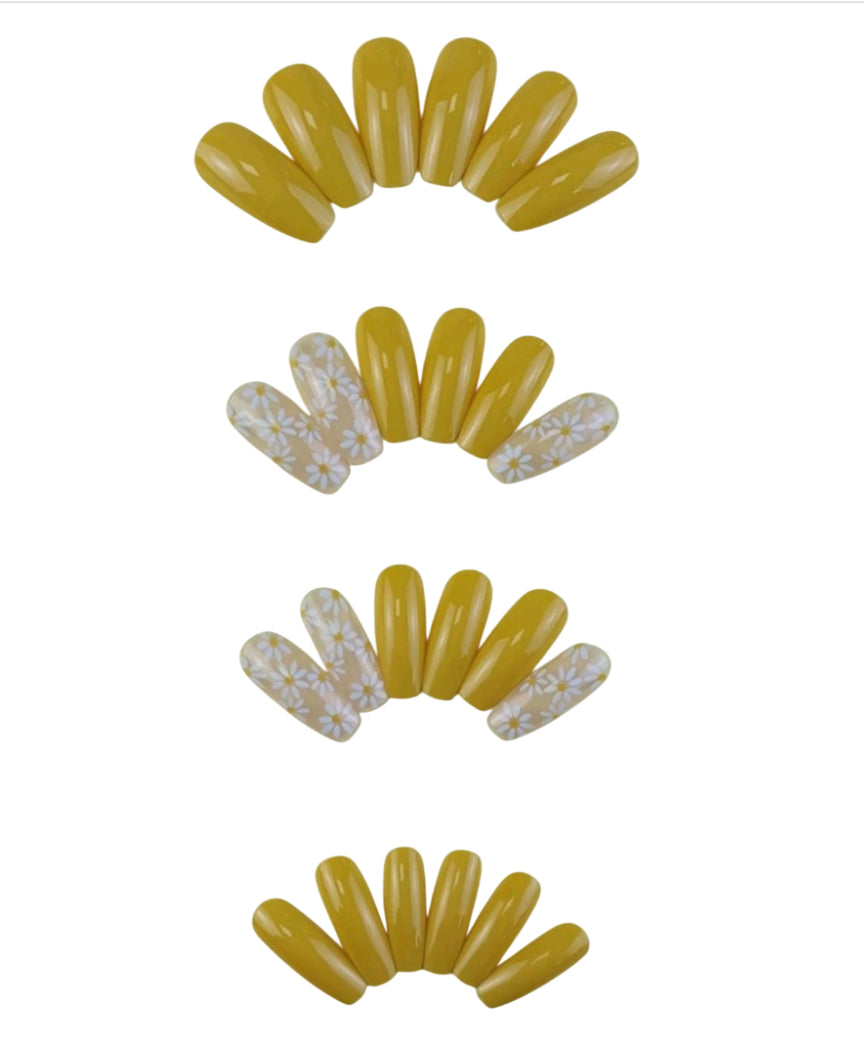 Yellow and Daisy Long Press on Nails