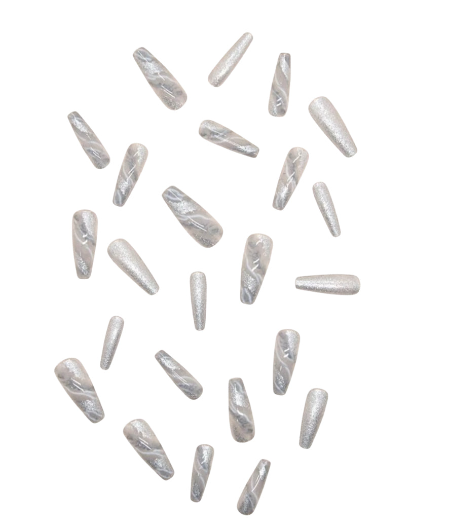 White Smudged Silver Glitter Long Coffin Fake Nail