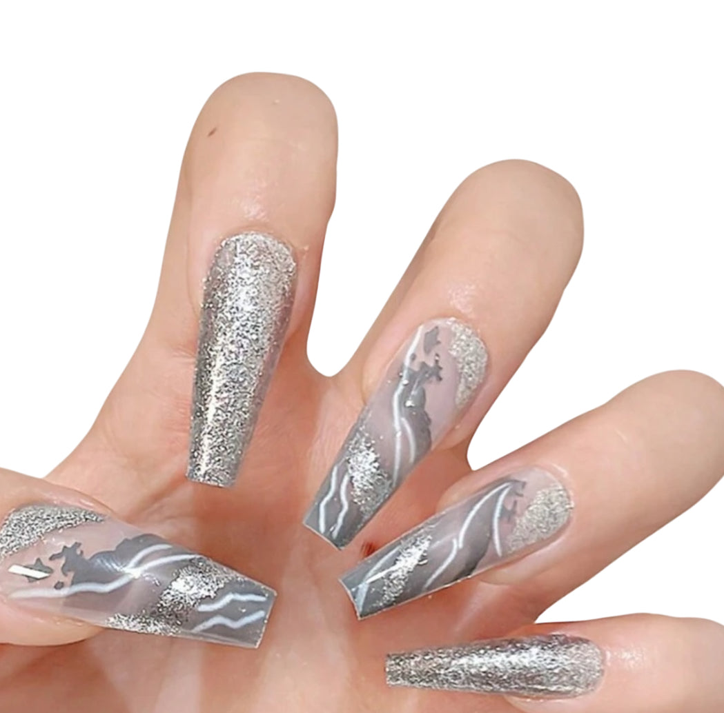 White Smudged Silver Glitter Long Coffin Fake Nail