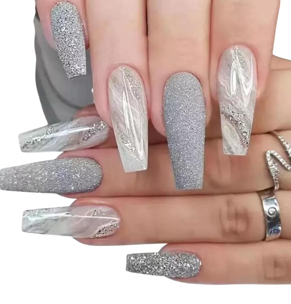 White Smudged Silver Glitter Long Coffin Fake Nail