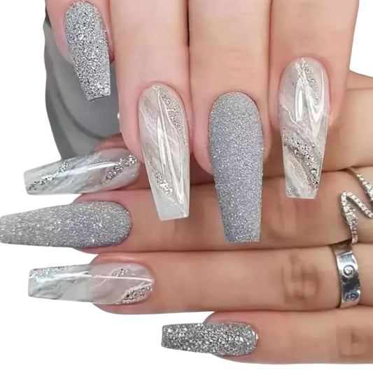 White Smudged Silver Glitter Long Coffin Fake Nail