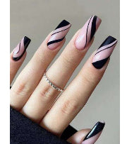 Black & Nude Stylish Striped Press On Nails