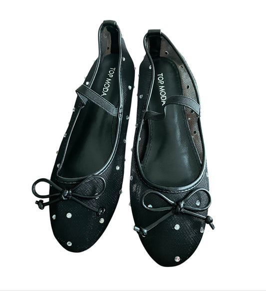 Top Moda Mesh Rhinestone Mary Jane Ballet Flats in Black (7.5)