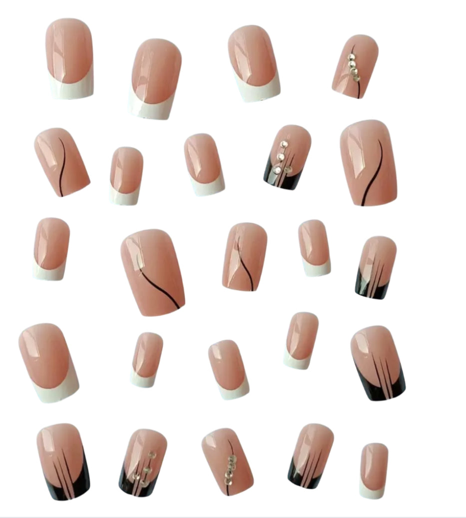 Semi-Sheer Nude Rhinestones Long Square French Style Nails