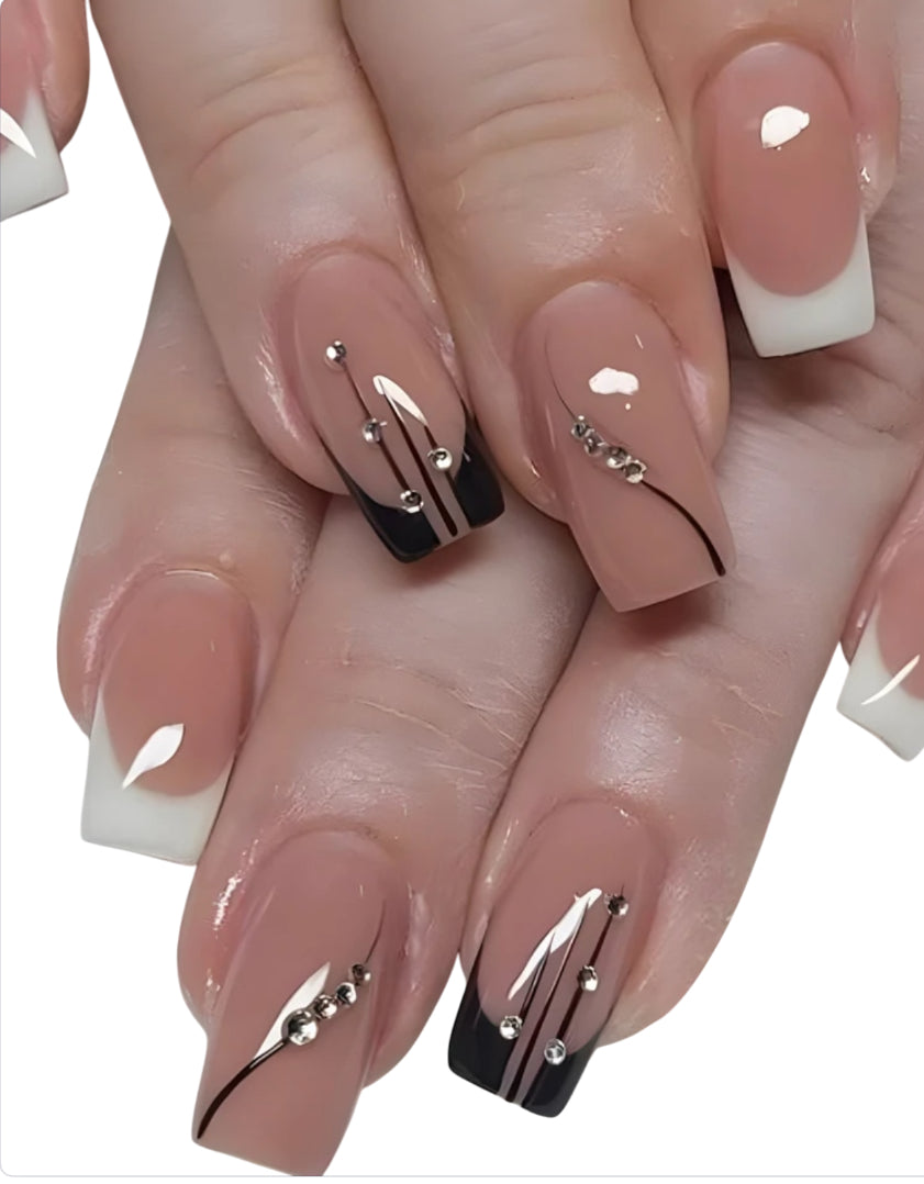 Semi-Sheer Nude Rhinestones Long Square French Style Nails
