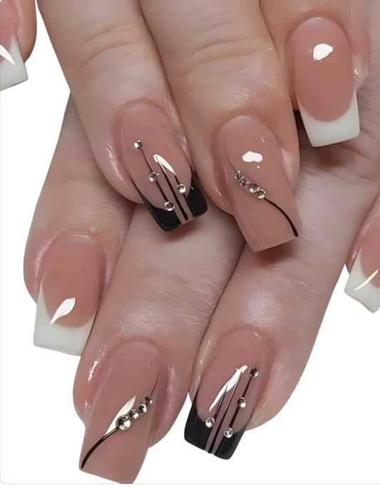 Semi-Sheer Nude Rhinestones Long Square French Style Nails