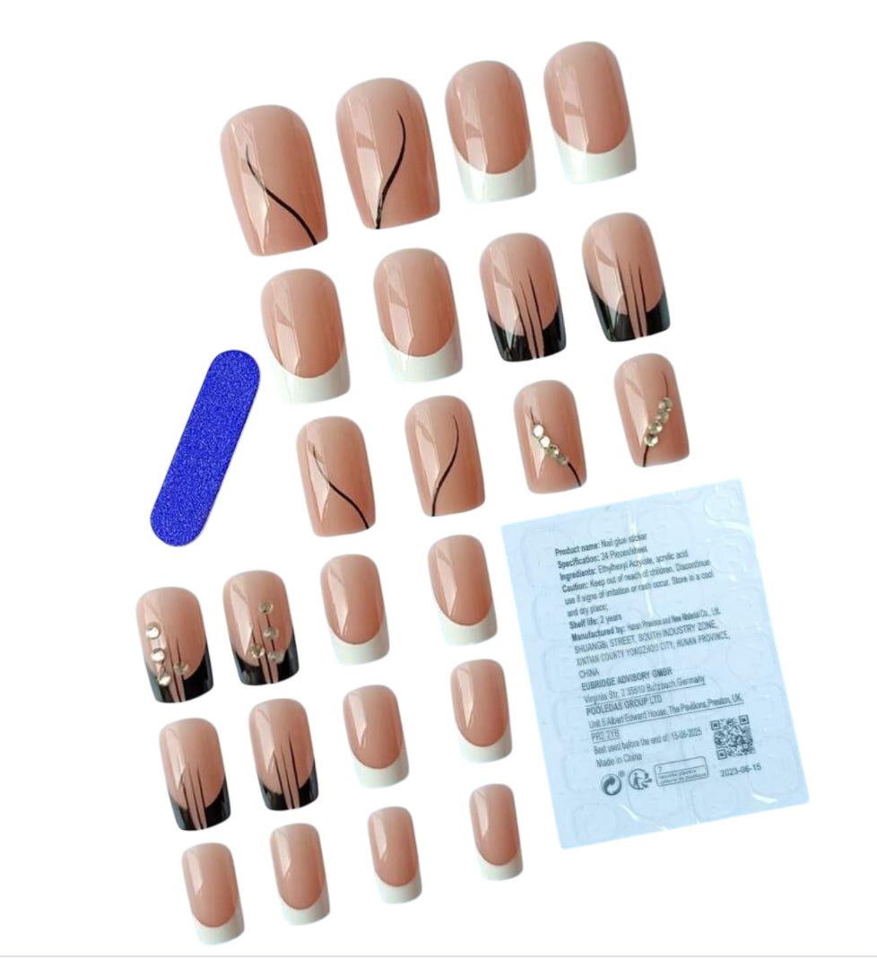 Semi-Sheer Nude Rhinestones Long Square French Style Nails