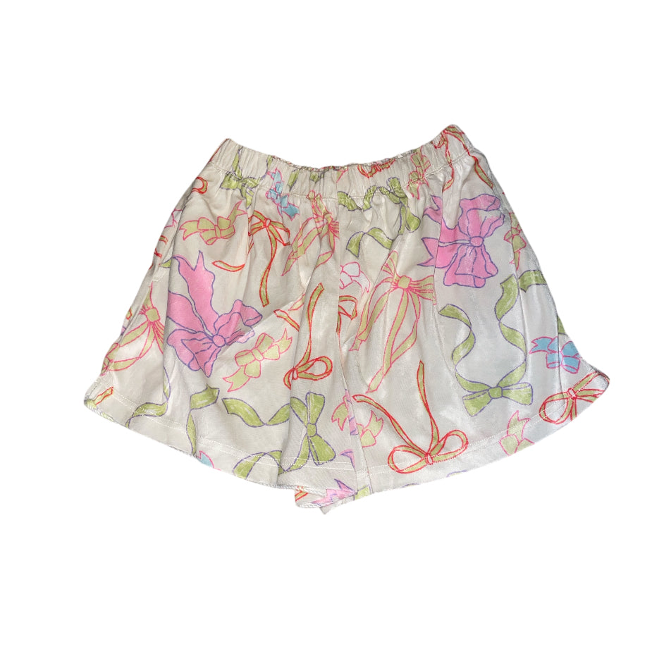 Peach Love White Multi-Colored Bow Print Shorts (Small)