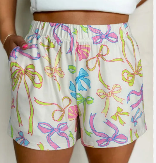 Peach Love White Multi-Colored Bow Print Shorts (Small)