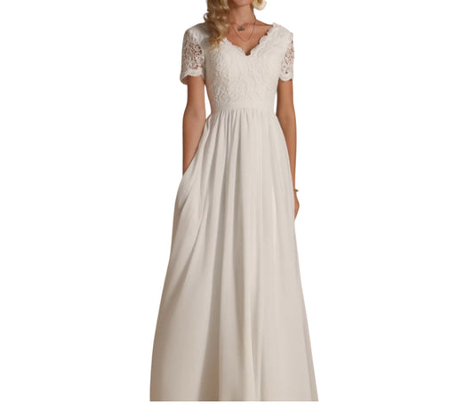 A-line V-Neck Floor-Length Lace Chiffon Wedding Dress