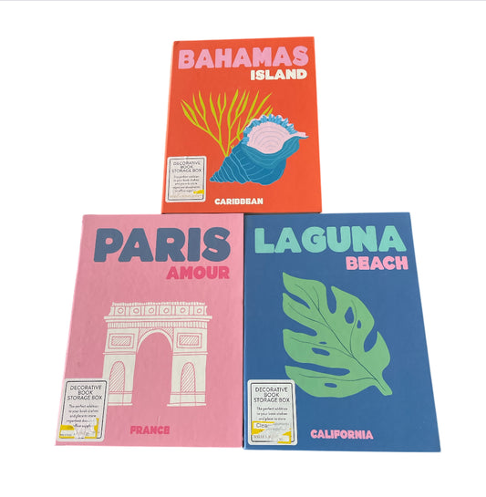 DesignWorks Ink Set of 3 Magnetic Storage Book Boxes featuring the "Bahamas Island", "Paris Amour", and "Laguna Beach"