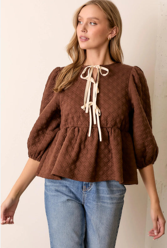 Polagram Ariel Quilted Knit Peplum Tie Top-Brown (1xl)