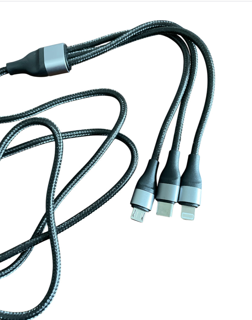3-in-1 multi-charging cable with a braided nylon exterior.