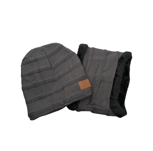 Gray Knitted Beanie and Neck Warmer Set
