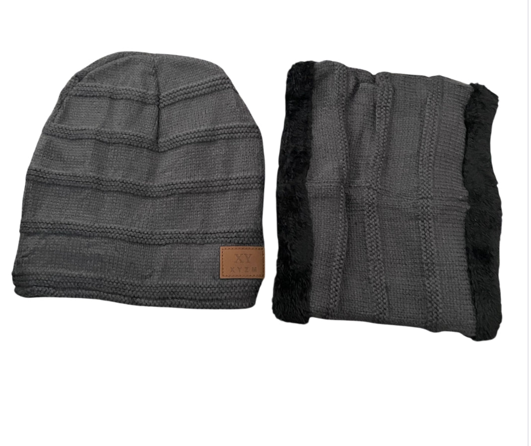 Gray Knitted Beanie and Neck Warmer Set