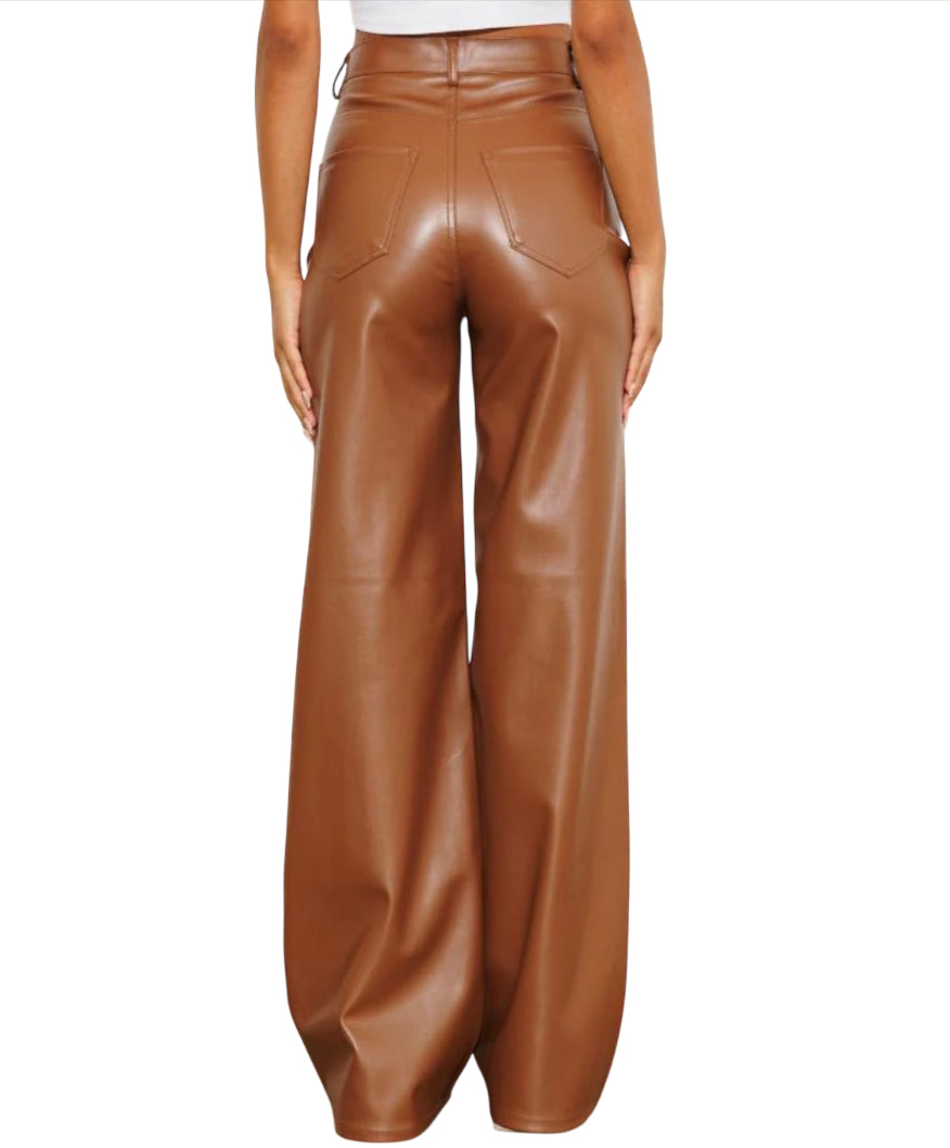 Vibrant Cognac Faux Leather Wide Leg Pants (15)