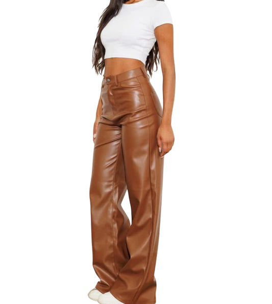 Vibrant Cognac Faux Leather Wide Leg Pants (15)