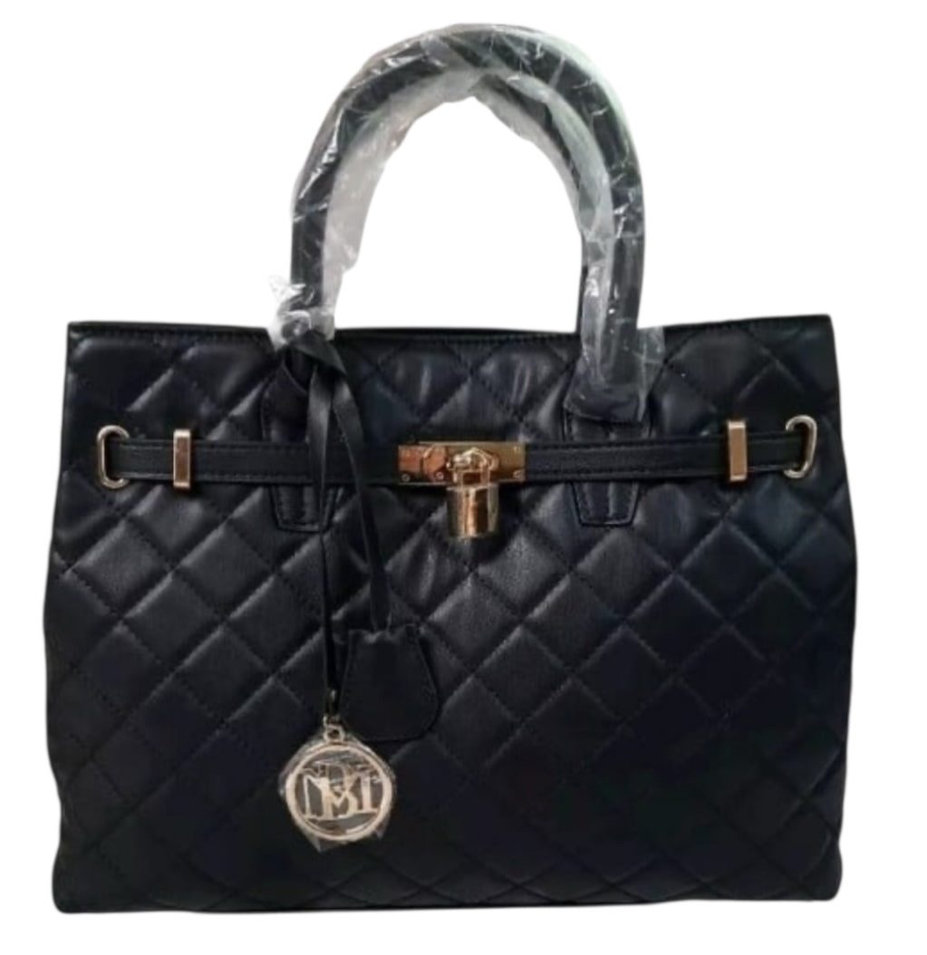 Badgley Mischka Big Quilted Black Diamond Pattern Tote Bag With Front Lock