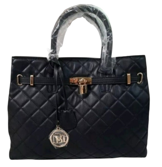 Badgley Mischka Big Quilted Black Diamond Pattern Tote Bag With Front Lock