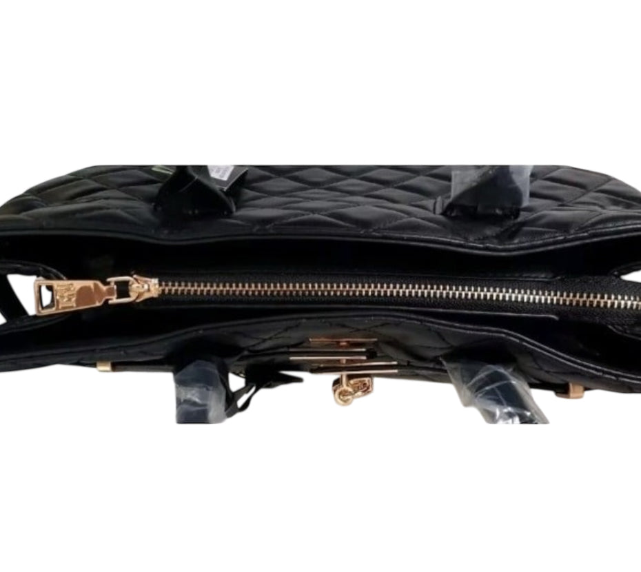 Badgley Mischka Big Quilted Black Diamond Pattern Tote Bag With Front Lock