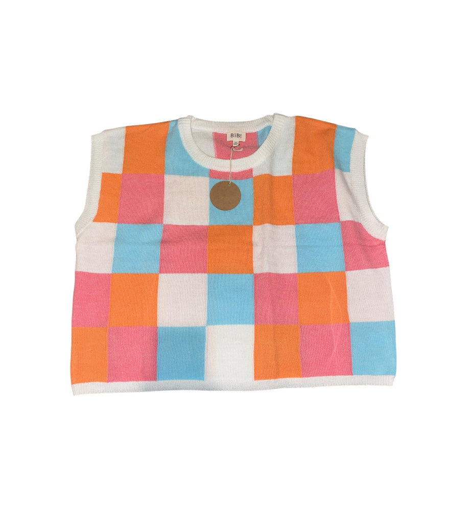 BiBi Multi-Colored Checkered Pattern Sweater Vest (X-Large)