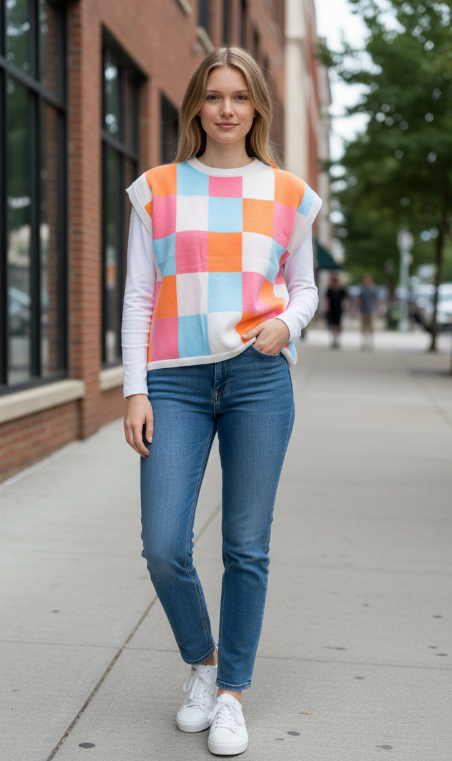 BiBi Multi-Colored Checkered Pattern Sweater Vest (X-Large)
