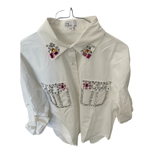 Hot & Delicious white button-down shirt with embellished pockets and collar.(Large)