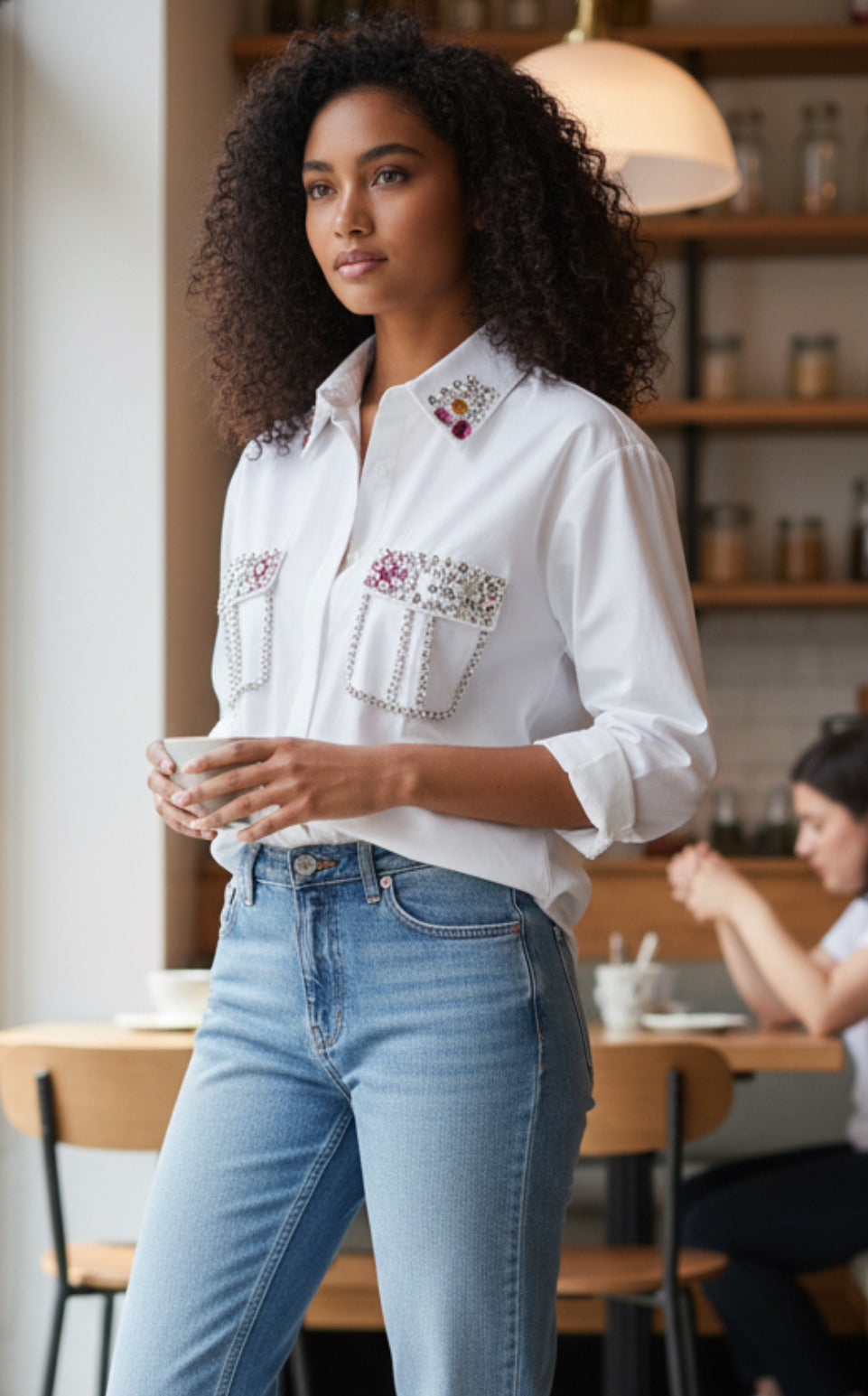 Hot & Delicious white button-down shirt with embellished pockets and collar.(Large)