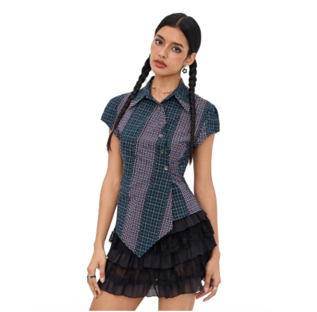 Cider 100% Cotton Asymmetrical Button Two Tone Patched Shirt.(Large)