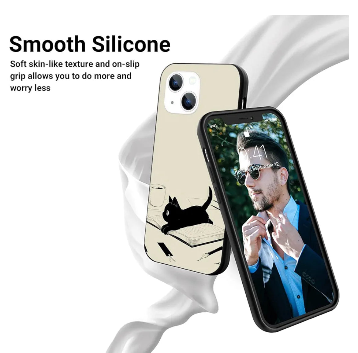 Black Cat and Books Charm for Soft Protection Case for iPhone 13