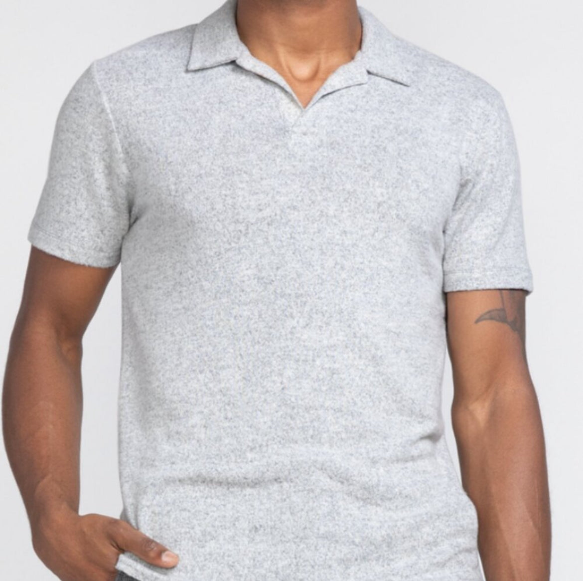 CIVIL SOCIETY LIGHT GREY HEATHERED KNIT BUTTONLESS SHORT SLEEVE POLO (X-Large)