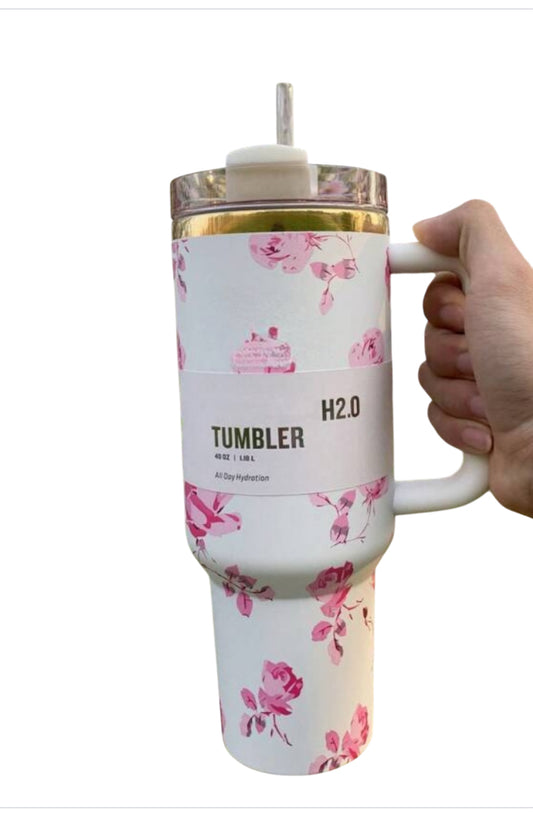 White & Pink Floral Quencher Tumbler