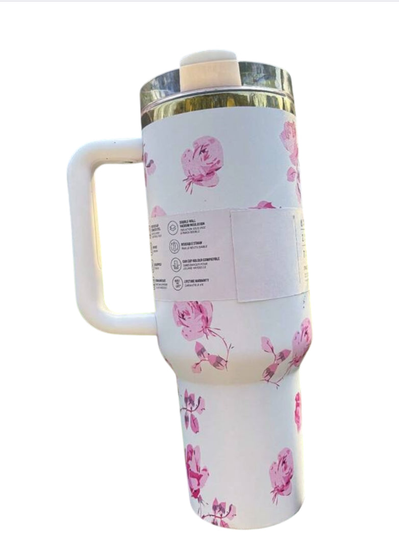 White & Pink Floral Quencher Tumbler