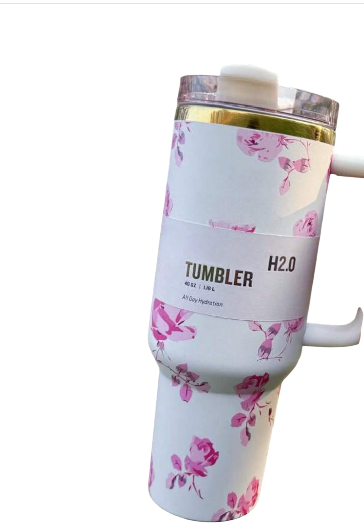 White & Pink Floral Quencher Tumbler