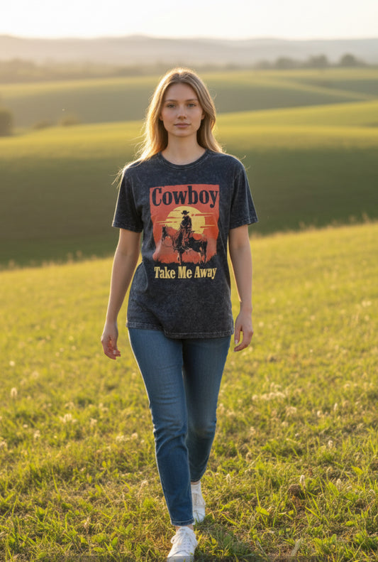 Lotus Fashion Black Vintage Mineral Wash Western T-shirt"-Cowboy Take Me Away" (2x)