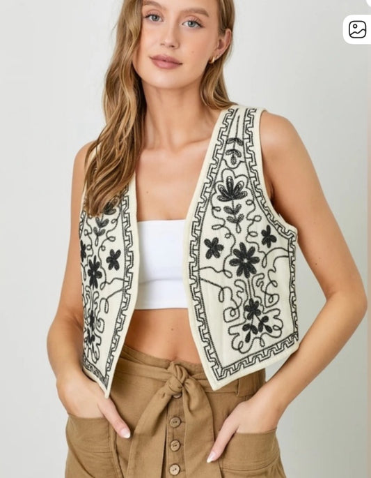Polagram Cream with Black Floral Embroidered Vest.(1x)