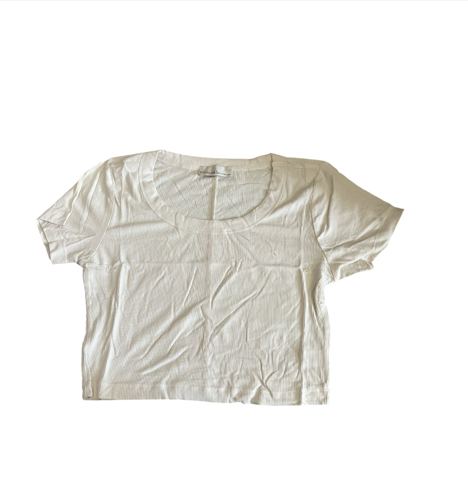 Zenana Sand Beige Ribbed Seamless Short Sleeve Crop Top.(Small)
