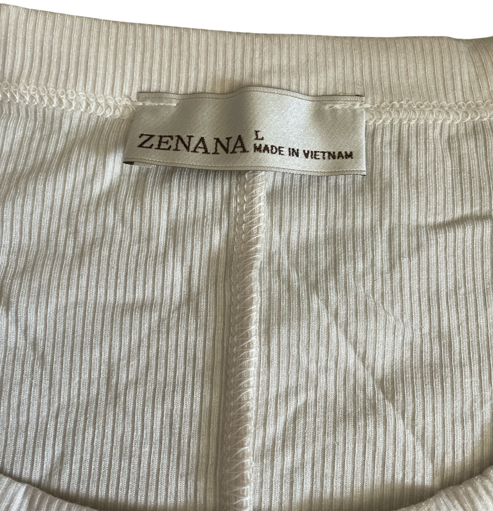 Zenana Sand Beige Ribbed Seamless Short Sleeve Crop Top.(Large)