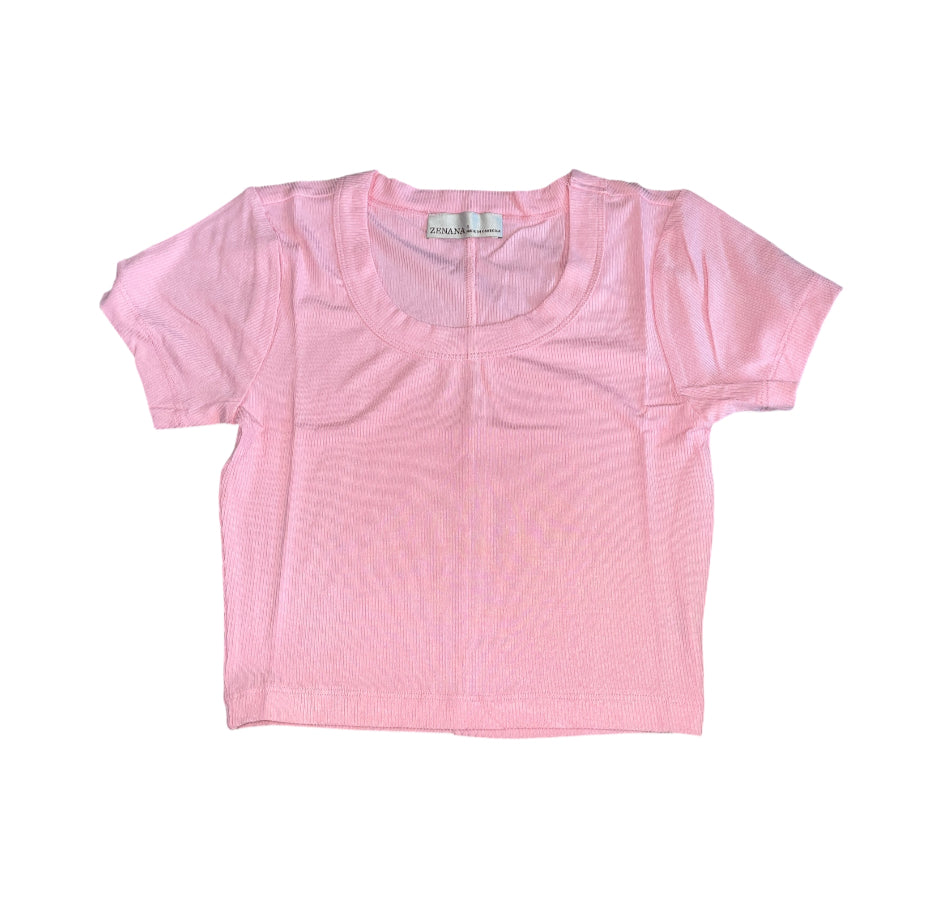 Zenana Pink Ribbed Seamless Short Sleeve Crop Top.(Large)