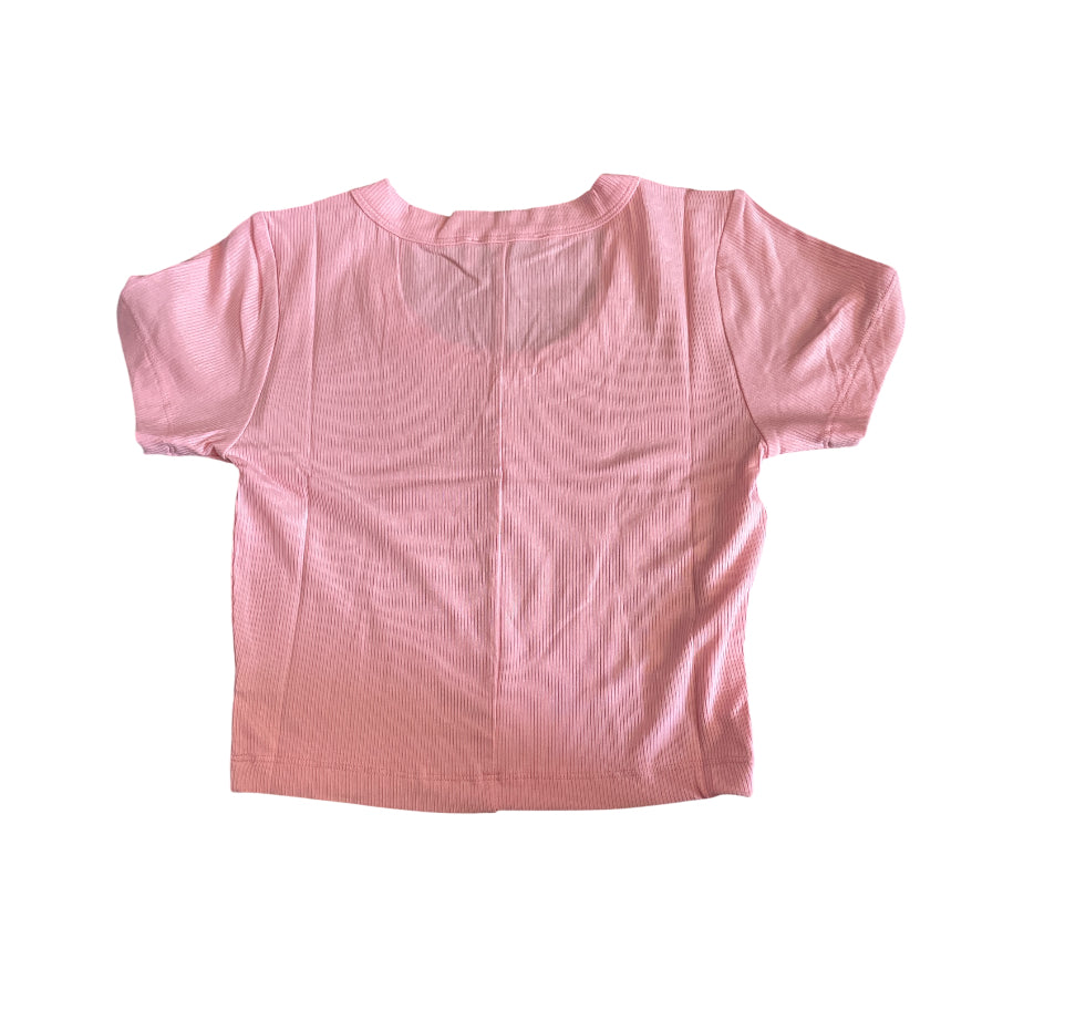 Zenana Pink Ribbed Seamless Short Sleeve Crop Top.(Large)