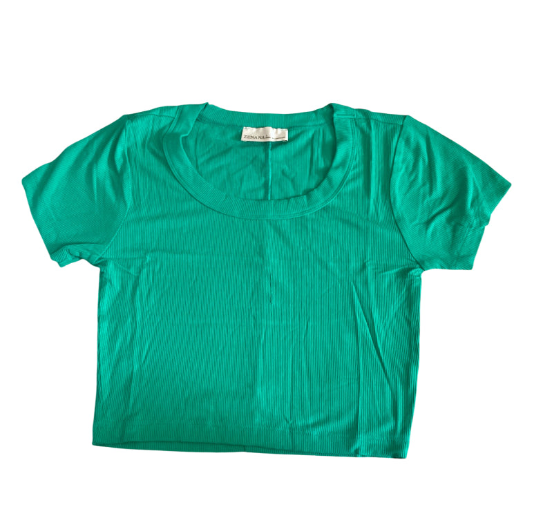 Zenana Green Ribbed Seamless Short Sleeve Crop Top.(Medium)